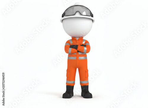 Cartoon construction worker with safety gear standing confidently.