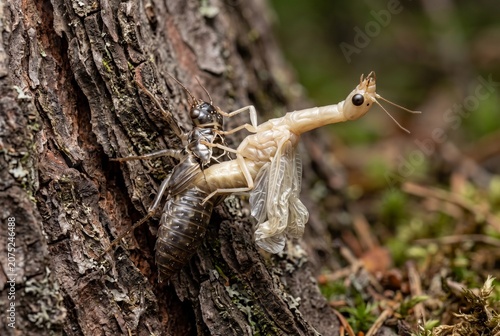 Macro view of newly emerged adult snakefly eclosion from pupal casing