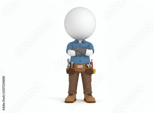 A 3D character with a large white head wearing a blue shirt and tool belt.