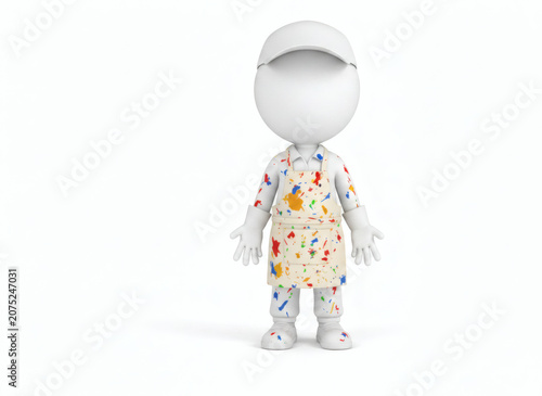 3D White Character Wearing Paint-Splattered Apron and Cap.