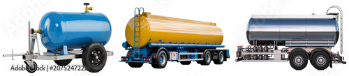 Photos Three different types of tanker trucks and trailers, isolated on a white backgro