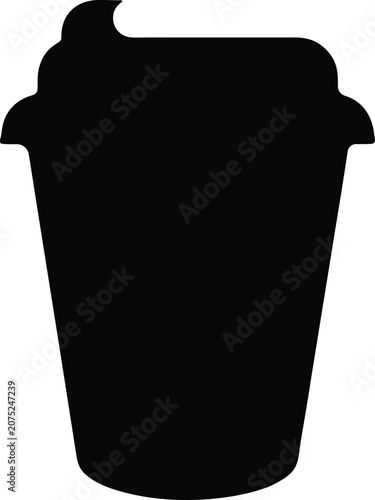 Black disposable coffee cup, takeout container, vector silhouette, isolated on white background, coffee shop icon