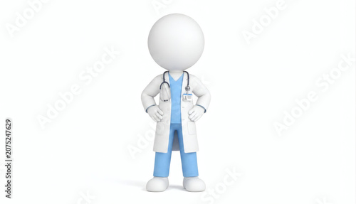 3D white character doctor with stethoscope and medical coat.