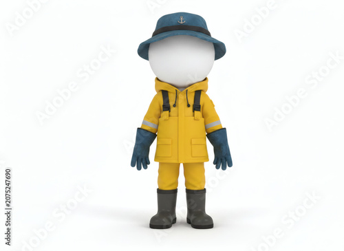 A 3D Rendered Character in Yellow Rain Gear and Hat.