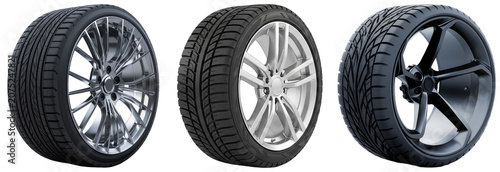 Bild auf Leinwand Three different car tires and rims isolated on a white background