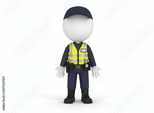 3D white character in security guard uniform standing.