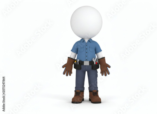 3D rendered character worker with tool belt and gloves standing.
