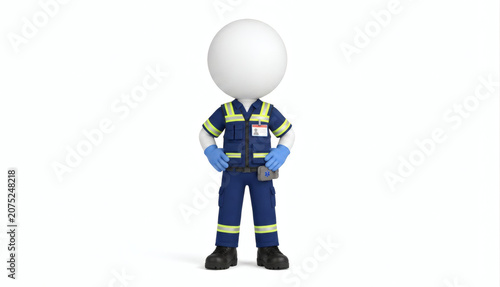 3D stick figure worker in safety uniform with gloves.