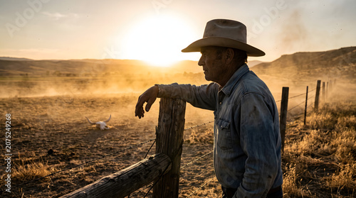 An elderly cowboy wearing a hat and denim shirt leans on a wooden fence post at sunset on a dusty western ranch.