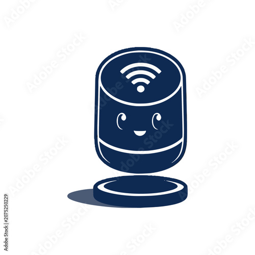 Cute Smart Speaker Character: A charming, cartoon-style smart speaker with a friendly face and Wi-Fi symbol stands on its charging base, embodying the convenience of modern technology.