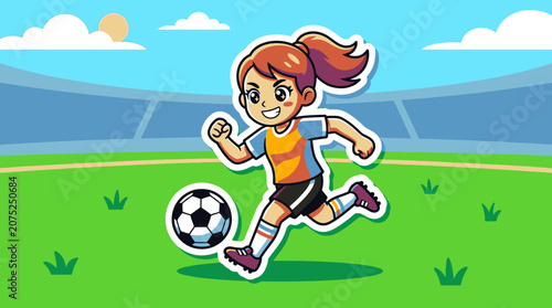 Cartoon Girl Playing Soccer on a Green Field in a Stadium