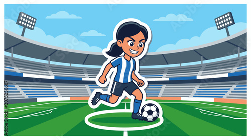 Cartoon female soccer player dribbling a ball in a stadium