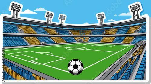 Cartoon soccer stadium with empty seats and football on field