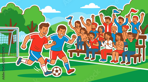 Cartoon soccer match illustration with players and cheering crowd