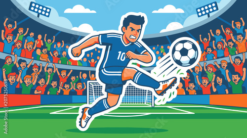 Soccer player kicking ball in a stadium with cheering fans cartoon