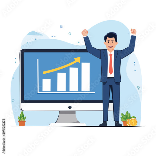 Businessman celebrating success with growth chart on monitor