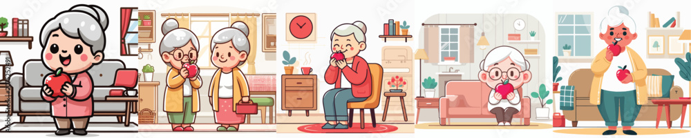 Fototapeta premium Vector set of a Grandma eating an apple