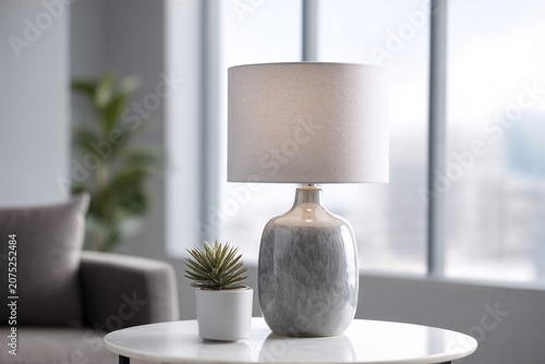Modern table lamp on side table in bright living room