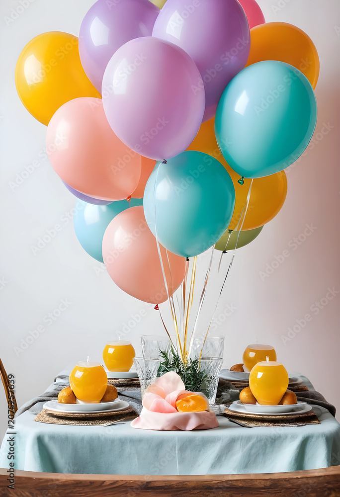 Fototapeta premium Colorful balloons and table setting for celebration