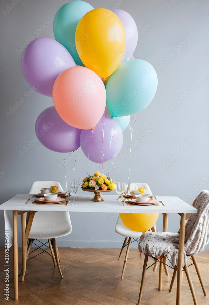 Fototapeta premium Colorful balloons and table setting for celebration