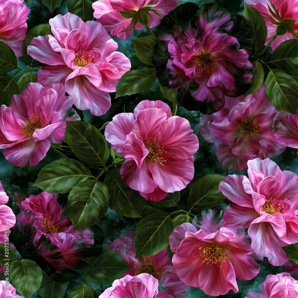 Obraz premium seamless background of small pink rose blossoms with green leaves, delicate floral pattern, soft romantic style, elegant botanical wallpaper