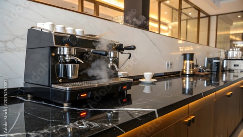 Professional espresso machine brewing fresh aromatic coffee in modern café setting with steam and rich crema close up photography