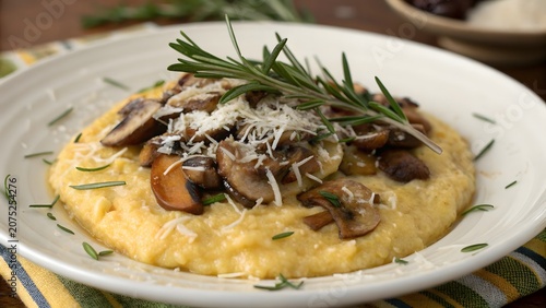 Creamy Italian porcini mushroom polenta dish garnished with parmesan cheese and fresh rosemary herbs on elegant dining table