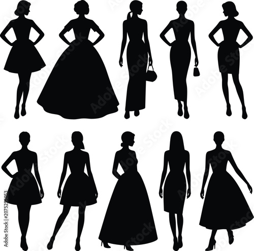 Set of women silhouettes vector illustration featuring fashion business and lifestyle poses shopping dress walking dancing beauty style design isolated black silhouette set