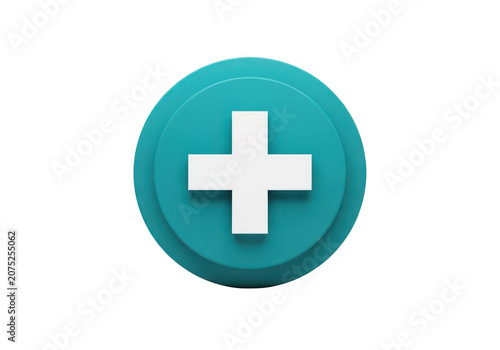 Cyan blue circle icon with a white plus sign for addition or medical symbol representing healthcare or user interface button design element
