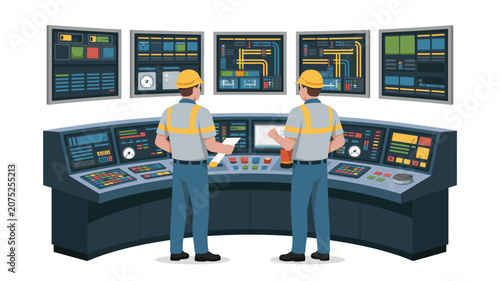 Industrial plant technicians reviewing process diagrams on five large wall-mounted screens within a centralized control room facility.