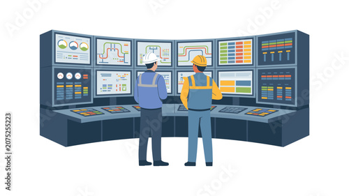 Control room staff standing at a curved console with multiple screens displaying technical flow diagrams for industrial operations.