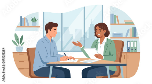 Young man discussing documents with professional female advisor in modern office