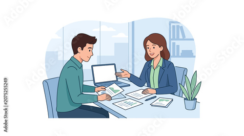 Businessman and businesswoman discussing documents and laptop at office desk