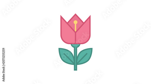 IconaStudio illustration depicts a pink tulip with green leaves and yellow stamen