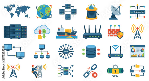 Global Network and Communication Icons Set for Technology and Internet Concepts