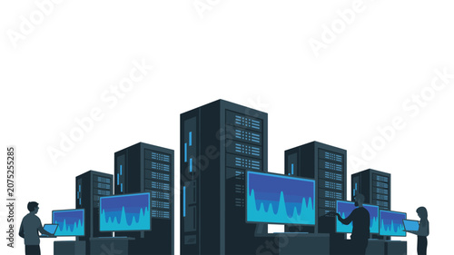 Server technicians managing data infrastructure using laptops in a room filled with tall black server cabinets and glowing blue screens.