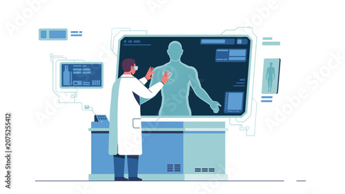 Medical professional touches large central digital screen displaying full human body anatomy model for detailed diagnostic analysis in modern clinic.
