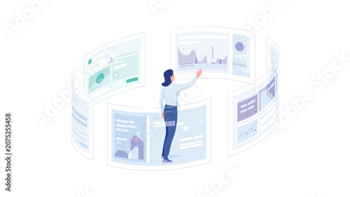 Businesswoman stands centrally surrounded by a circular arrangement of glowing, semi-transparent data screens displaying various analytical graphs and reports.