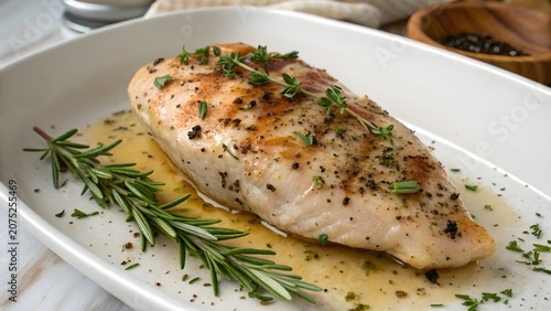 Delicious buttery roasted chicken fillet garnished with fresh rosemary and thyme herbs isolated gourmet food photography