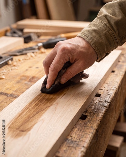 Hand applying dark walnut wood stain with cloth macro furniture finishing restoration