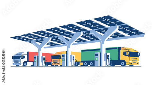 Heavy-duty trucks connect to charging pillars at a solar-powered station featuring a massive overhead panel array for sustainable commercial freight transportation energy needs.