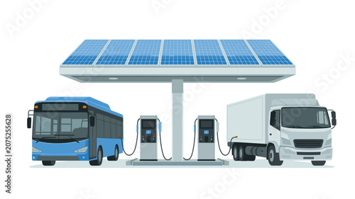 Electric bus and cargo truck charge batteries at a modern station featuring a large overhead solar panel array for sustainable renewable energy transportation infrastructure.