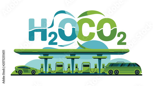 Green charging station services a car and bus while displaying large H2 and CO2 text elements to highlight hydrogen fuel and carbon dioxide emission reduction technology.