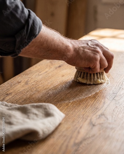 Hand brushing beeswax wax into oak wood grain macro furniture care conservation