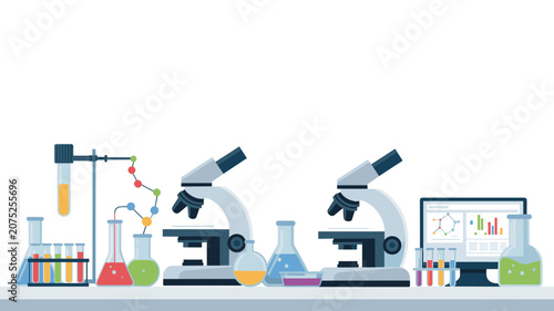 Laboratory workbench featuring two microscopes, colorful chemical flasks, test tubes, and a computer monitor for scientific research and medical analysis.