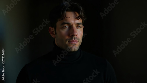 Depth beautiful modern Cinematic iteration fashion portrait of a man in black turtleneck moody lowkey