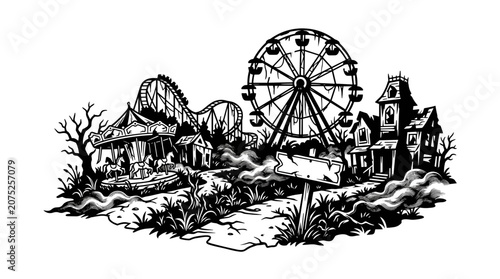 Creepy Amusement Park Scene with Ferris Wheel and Roller Coaster.