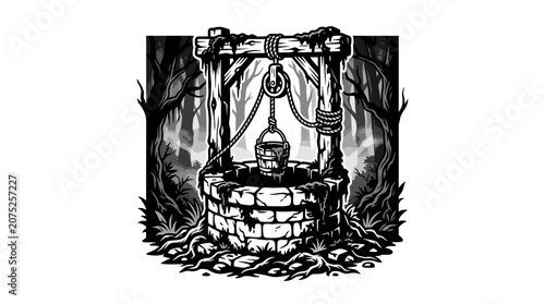 Old stone wishing well in a dark forest illustration.