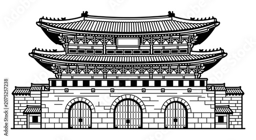 Traditional Korean Palace Gate Architecture Drawing.