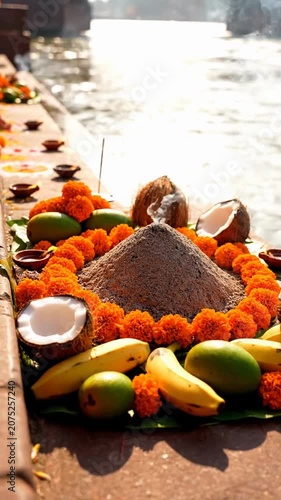 Vertical shot of a vibrant hindu puja offering with marigolds and fruit by a sunny riverbank.
